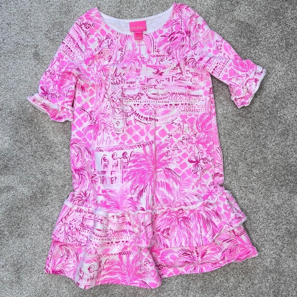 Lilly Pulitzer Kailyn Hot Pink Tiered Dress Pink Blossom Palm M 6 7
